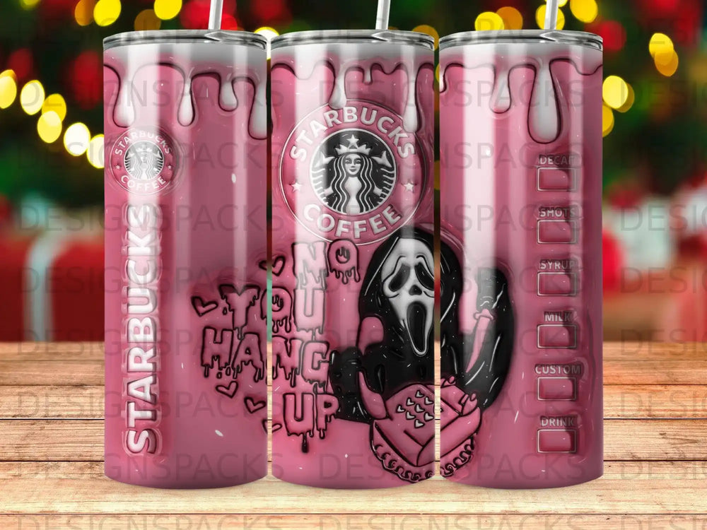 Starbucks cup with a ghost design and text "No you hang up".