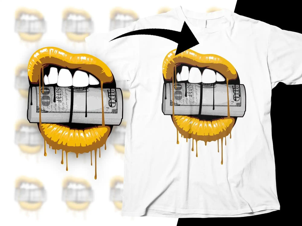 Bold t-shirt design with dripping gold lips biting a $100 bill, print-ready graphic for DTG/DTF.