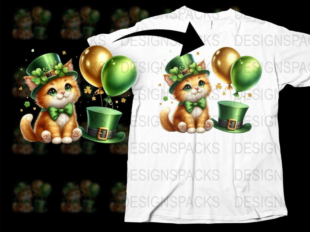 Cute St. Patrick's Day Cat T-Shirt, Cartoon Kitten with Hat and Balloons, Festive Irish Celebration Tee for All Ages