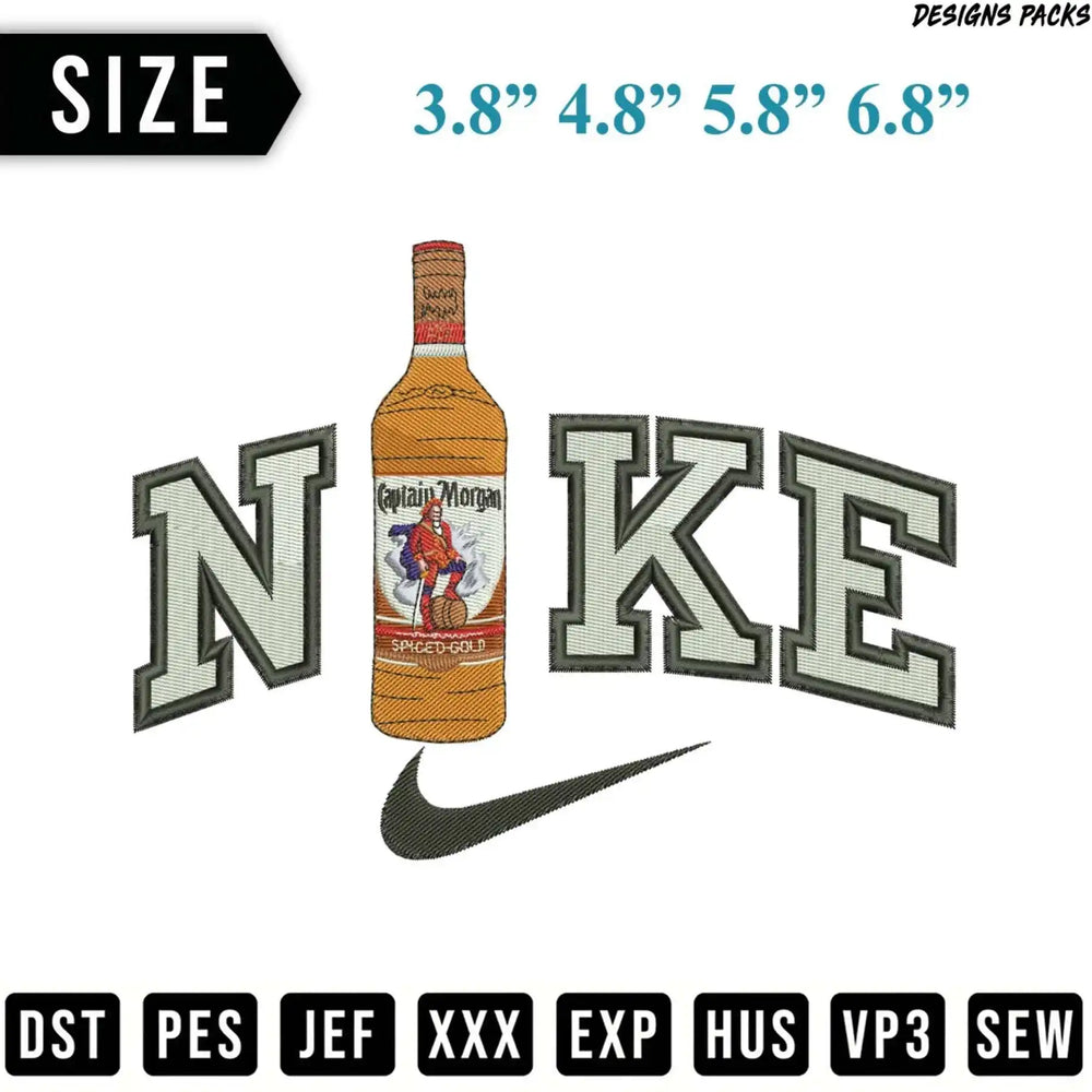 Captain Morgan Spiced Gold bottle forming the 'O' in Nike logo.