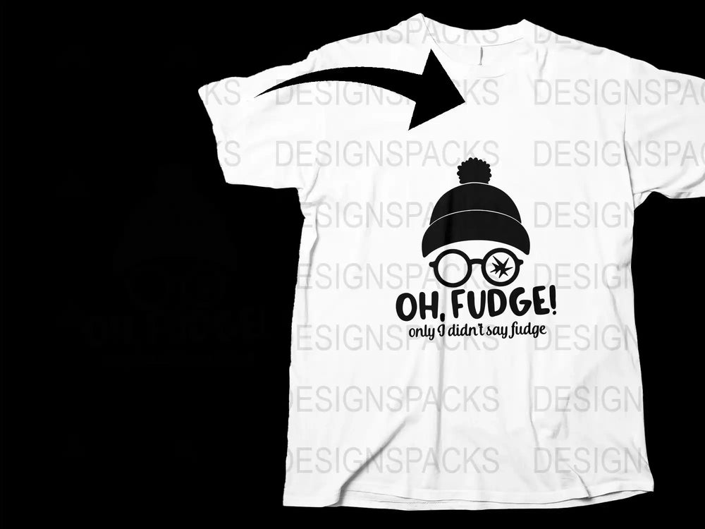 Funny Winter Quote T-Shirt, 'Oh Fudge' Black Text, Casual White Tee, Unisex Adult Clothing, Gift Idea