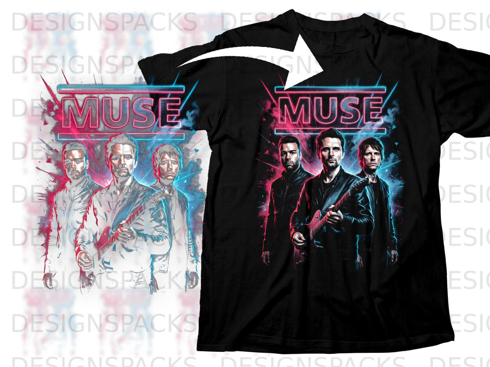 Black t-shirt with a neon "MUSE" logo and a graphic of the band members.