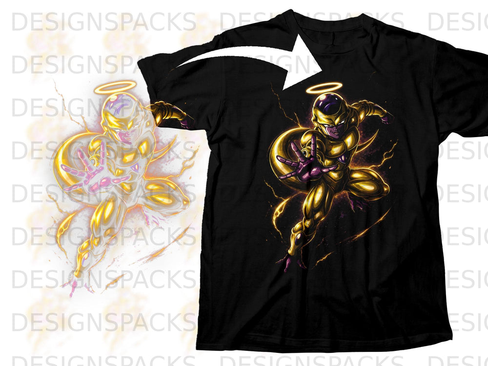 Golden Frieza character with halo on a black t-shirt.