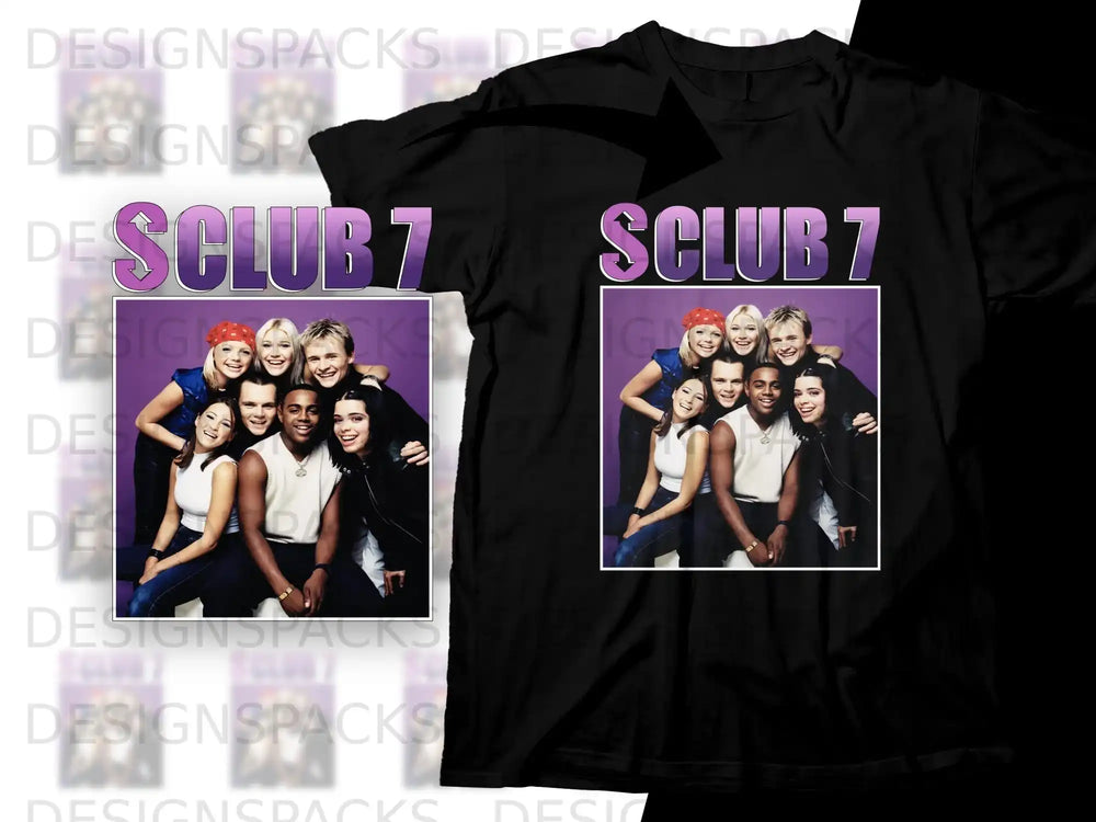 S Club 7 band members posing together on a black t-shirt.