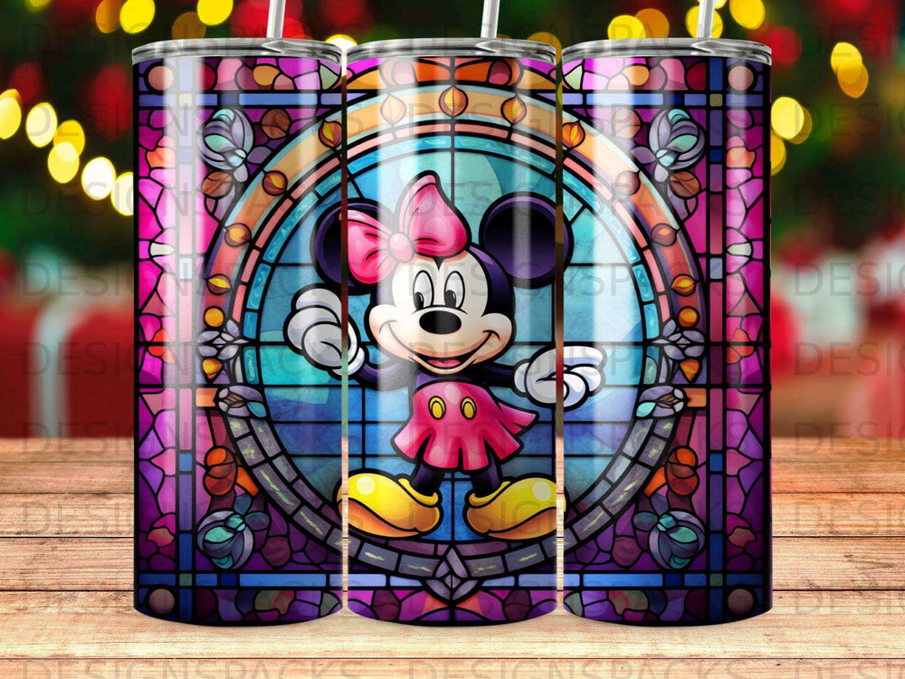 Stained glass Minnie Mouse wearing pink bow and yellow shoes in a circular frame.