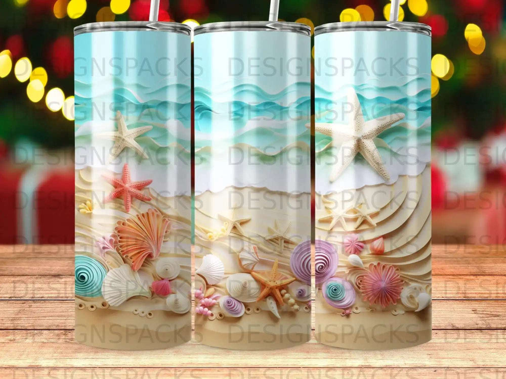 Seashells and starfish on a sandy beach with ocean waves.