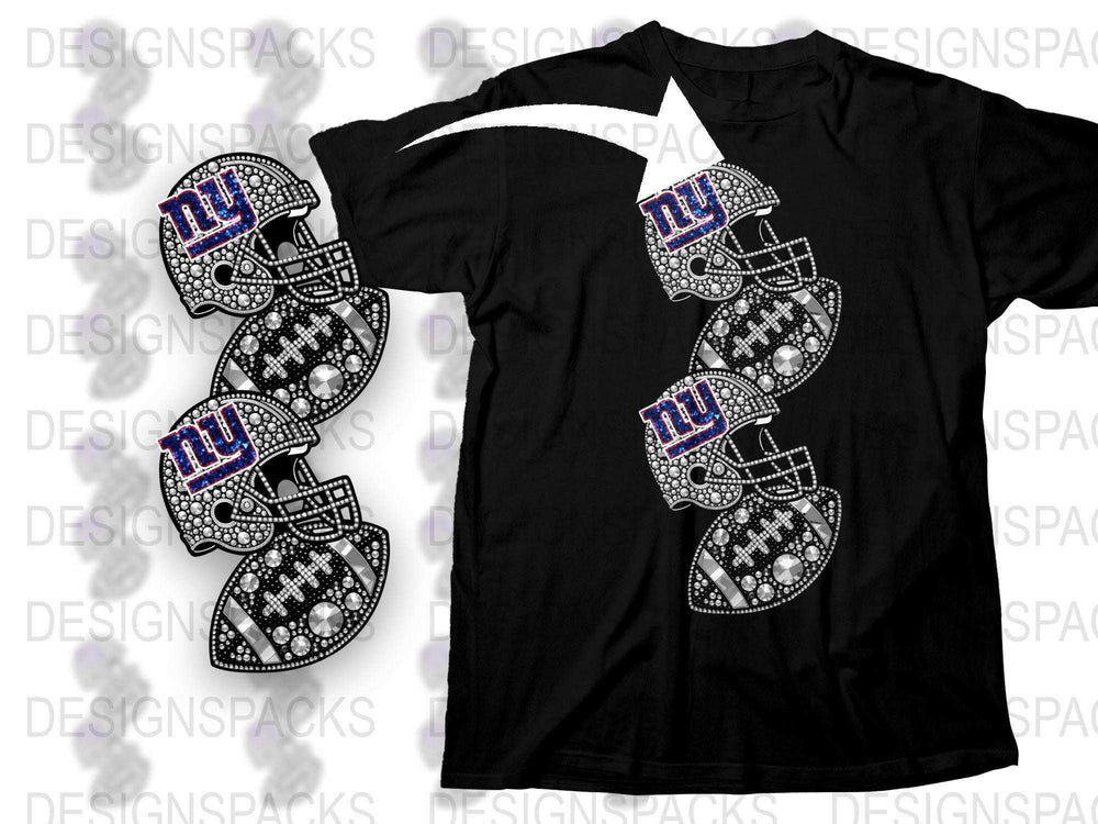 New York Football Helmet T-Shirt, Sparkling Rhinestone Embellished, Casual Sportswear for Fans, Unisex Black Tee