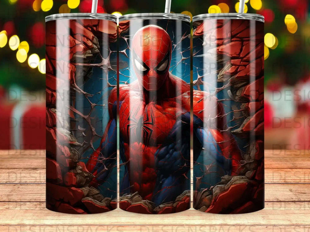 Spiderman bursting through a cracked red and blue background.