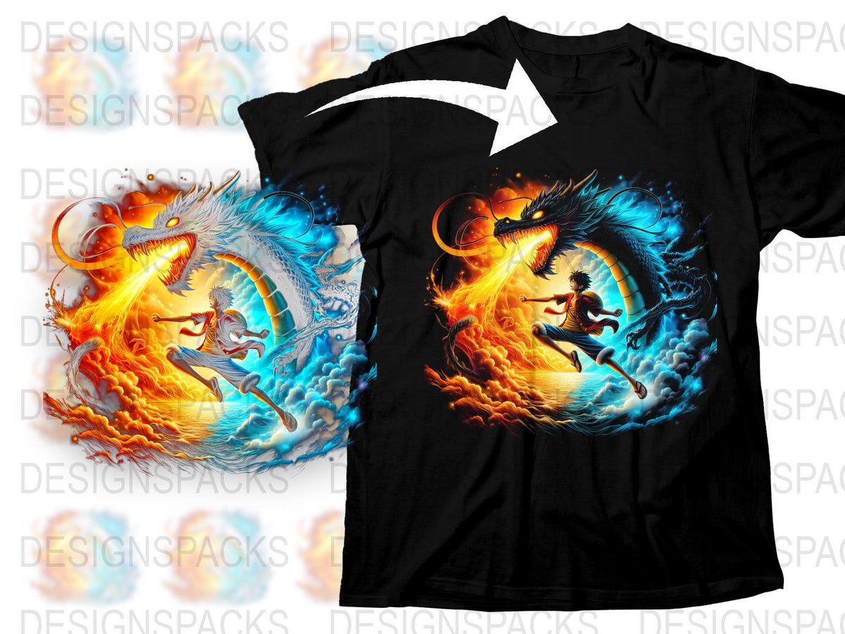 Fire and Water Dragon Graphic T-Shirt, Yin Yang Balance Design, Fantasy Art Tee, Unisex Cotton Shirt for All Ages