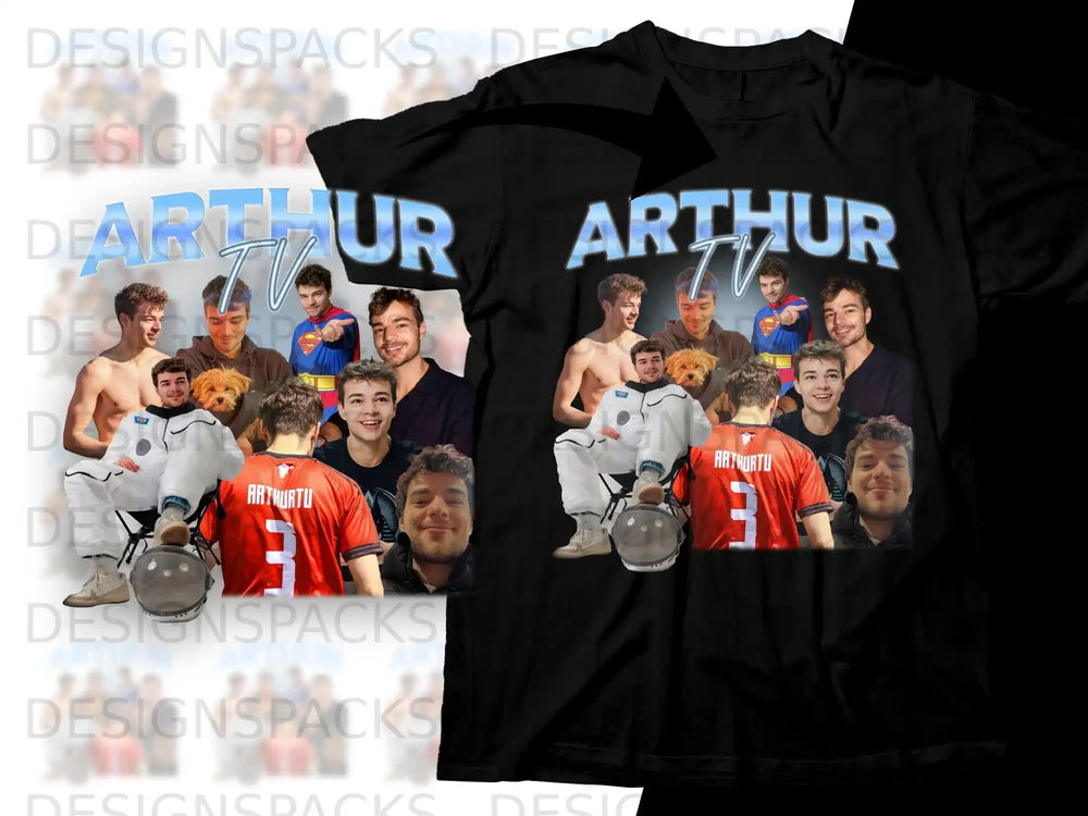 T-shirt with collage of people and dogs, "Arthur TV" logo.