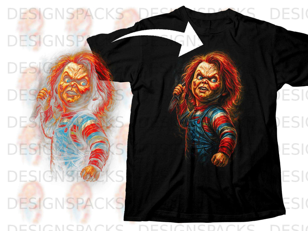 Black t-shirt featuring Chucky doll artwork holding a knife.