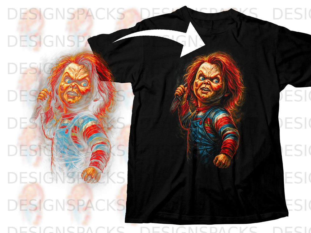 Black t-shirt featuring Chucky doll artwork holding a knife.
