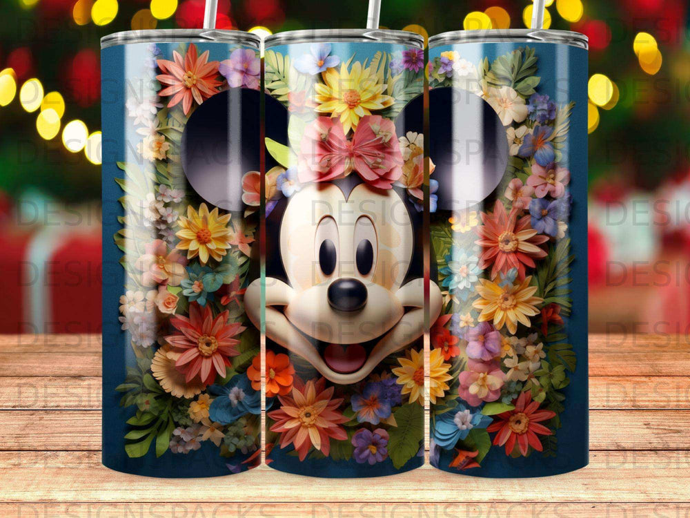 Mickey Mouse in floral wreath, on a blue background with bokeh lights.