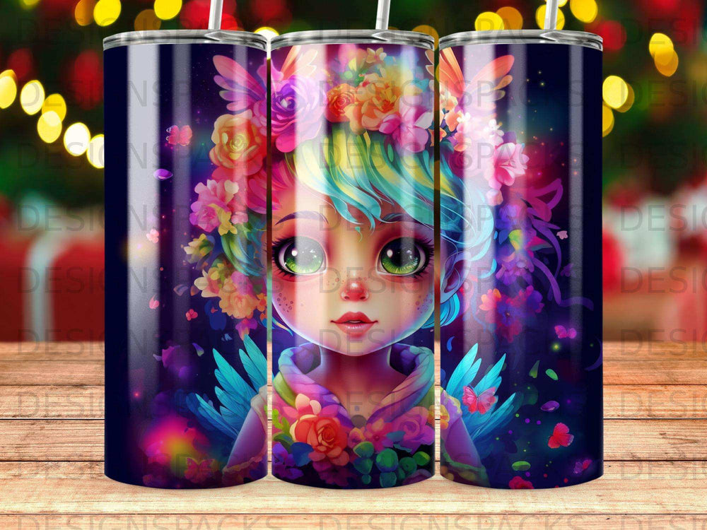 Fairy girl with colorful floral crown and wings, digital art tumbler.