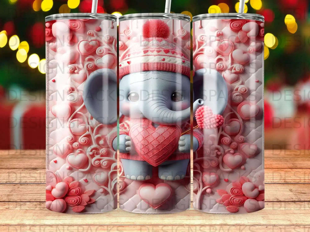Pink elephant in winter hat holding heart, surrounded by textured hearts and flowers.