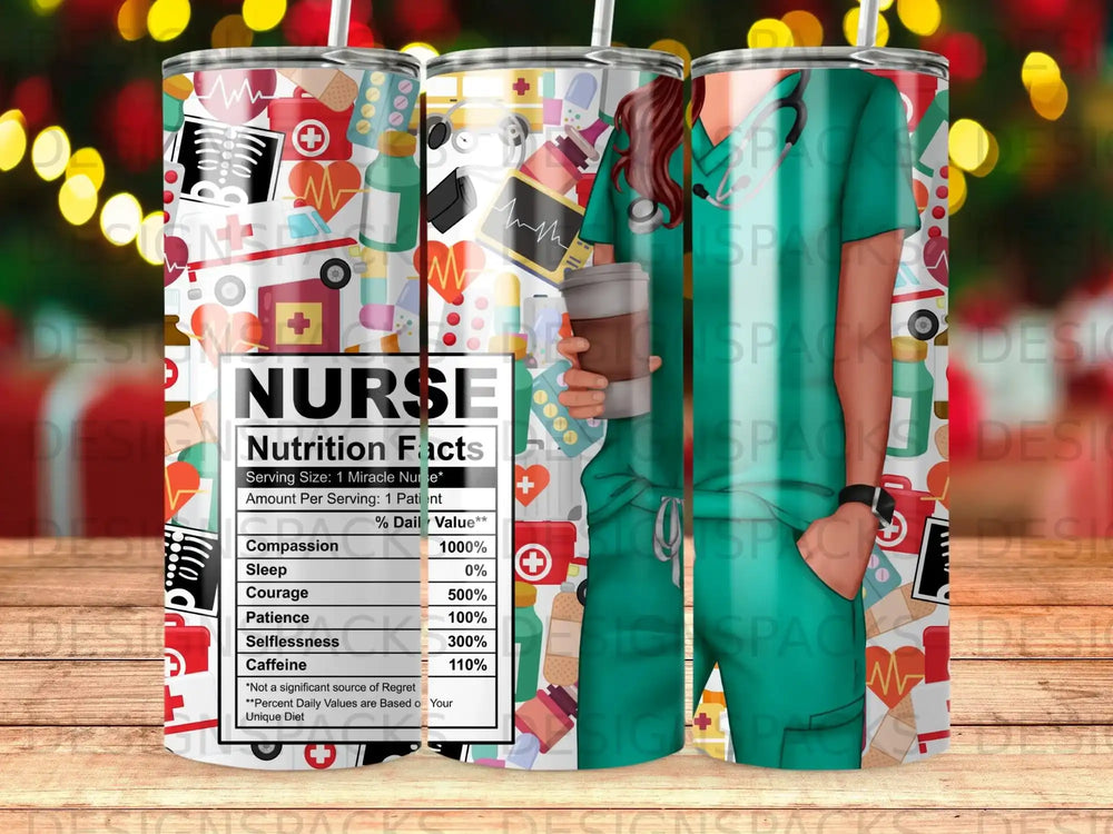 Tumbler wrap with medical icons and a "Nurse Nutrition Facts" label.