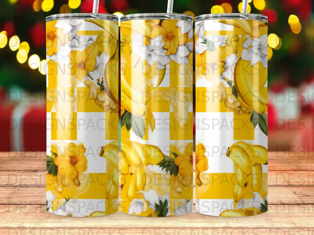 Yellow and white floral pattern on a tumbler with "DESIGNSPACKS" watermark.