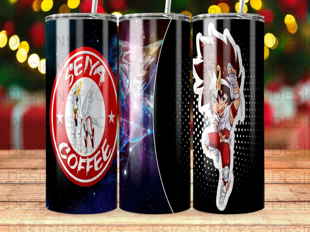 Three tumblers with anime characters and celestial backgrounds.