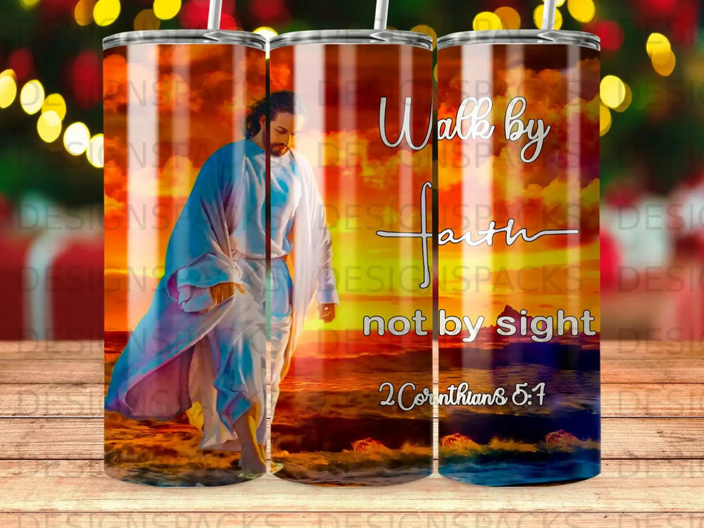 Jesus walking, with clouds and scripture "Walk by faith not by sight 2 Corinthians 5:7".