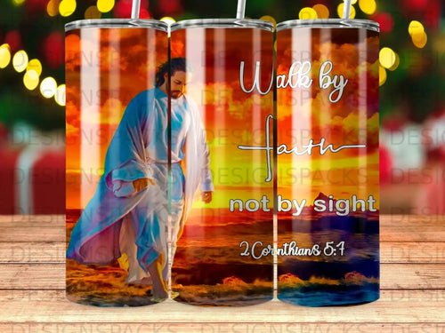 Jesus walking, with clouds and scripture 