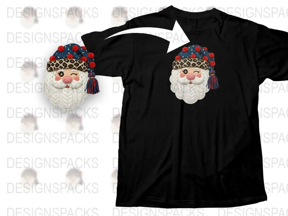 Festive Santa Face T-Shirt, Christmas Holiday Knitted Pattern, Unisex Winter Apparel, Cozy Cotton Top
