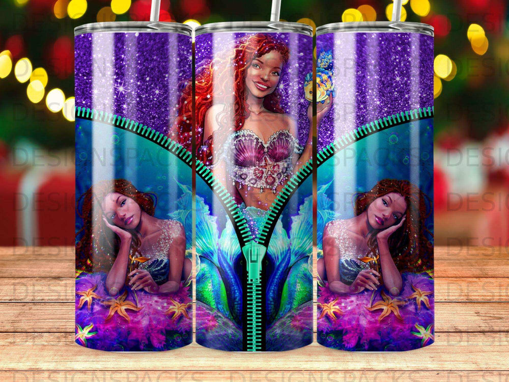 Mermaid with scales, purple glitter, and sparkly scales on a blue zipper.