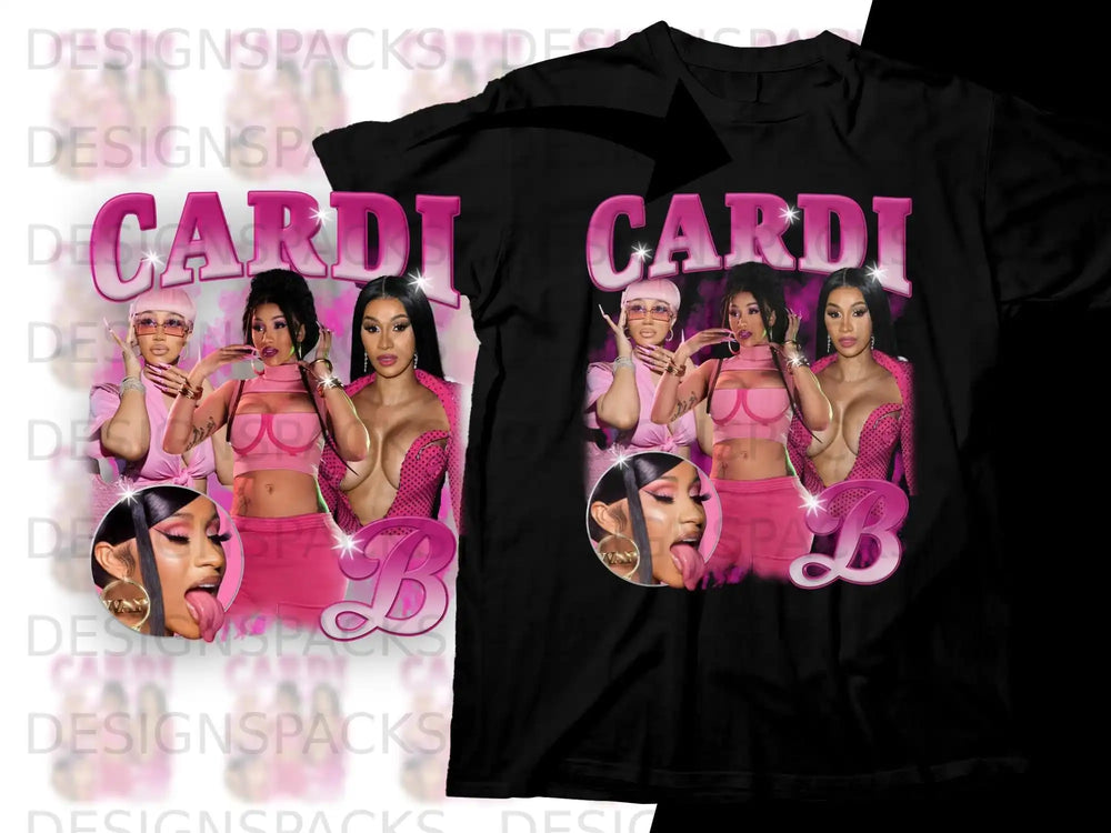 Cardi B graphic t-shirt with colorful portrait and "B" logo.