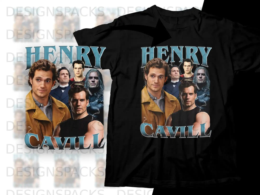 Henry Cavill collage on black t-shirt with "Henry Cavill" text.