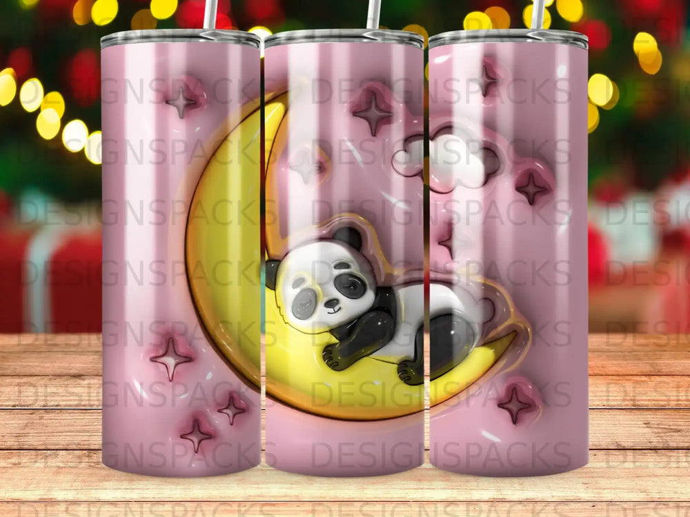 Panda sleeping on crescent moon, pink background with blurry lights.
