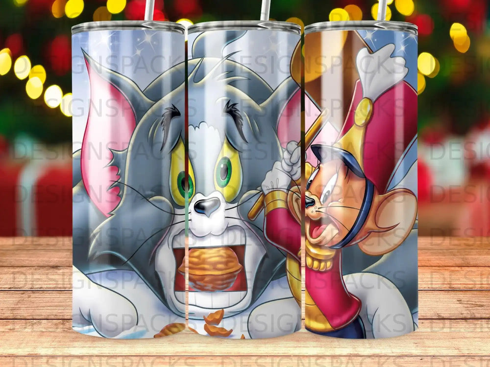 Tom and Jerry characters on a tumbler with a donut.