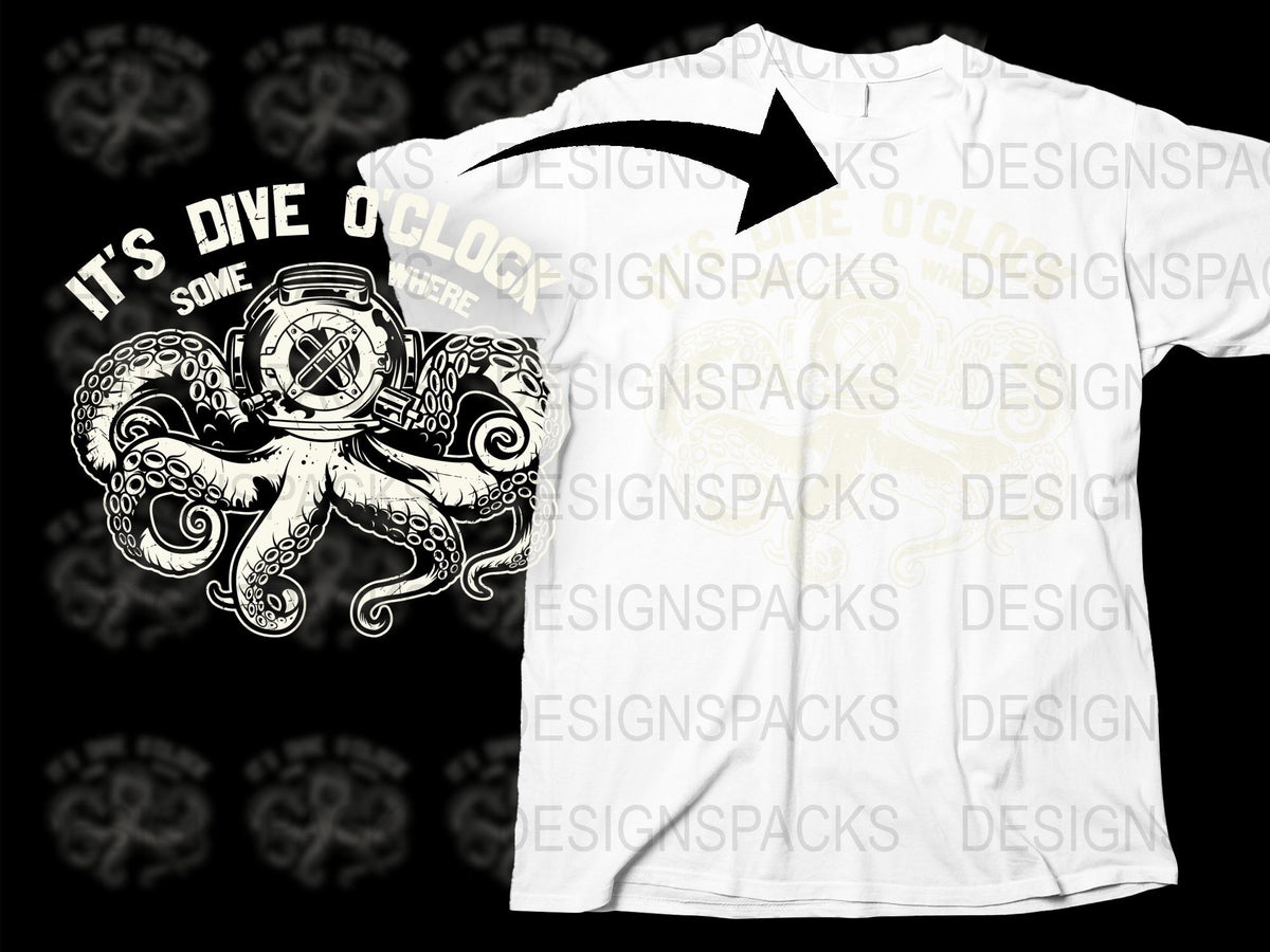 Dive Octopus Graphic T-Shirt, Vintage Scuba Diving Helmet, Ocean Themed Apparel, Cool Marine Life Tee