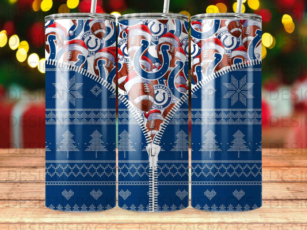 Indianapolis Colts football helmet and team logo on a blue snowflake pattern tumbler.