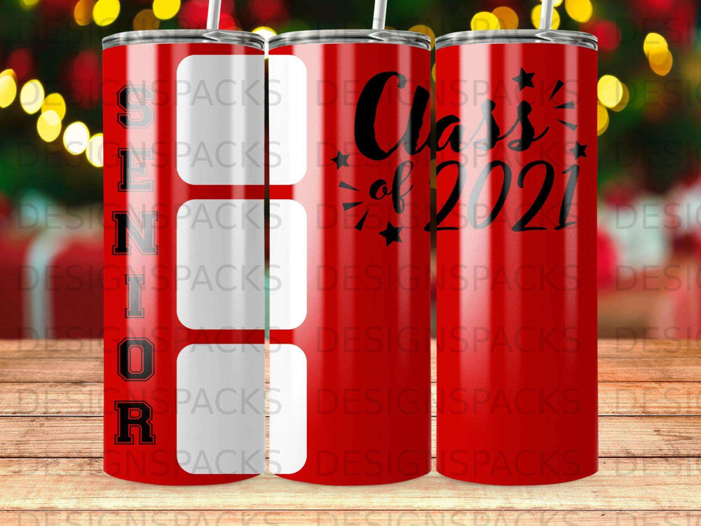 Red tumbler with "Class of 2021" and a scattering of small black stars.