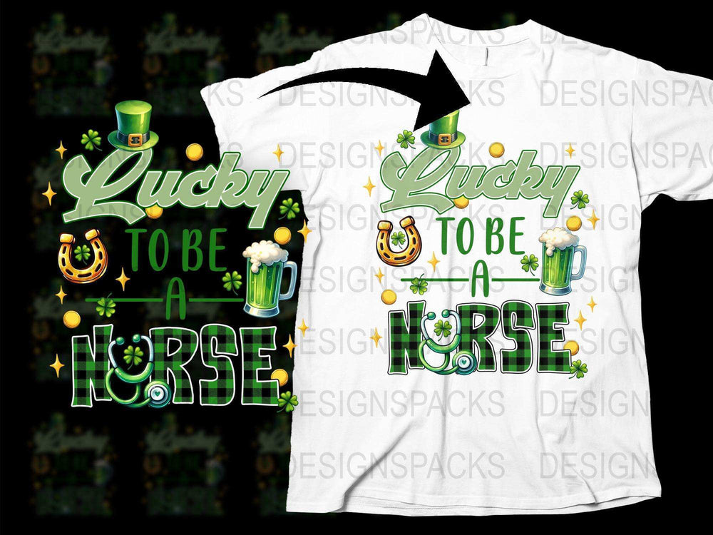 Lucky To Be A Nurse St. Patrick's Day T-Shirt, Green Shamrock Nursing Tee, Festive Holiday Nurse Apparel with Sparkles and Beer Mug Graphic