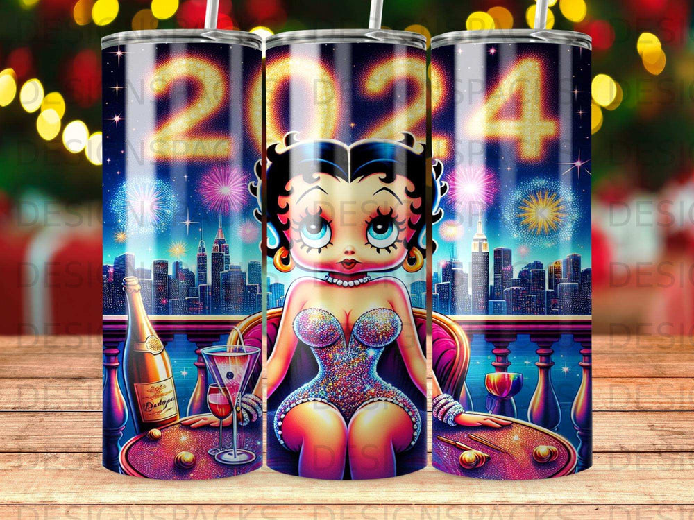 Betty Boop in sparkling dress on balcony with cityscape and fireworks, 2024.