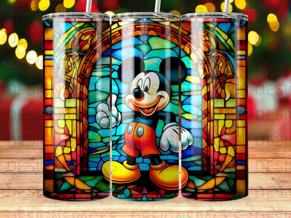 Mickey Mouse stained glass tumbler design with colorful lights in the background.