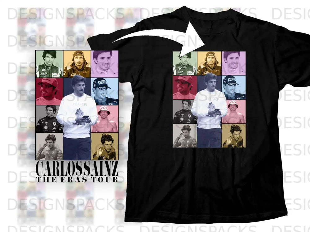 Carlos Sainz "The Eras Tour" t-shirt with collage of driver photos.