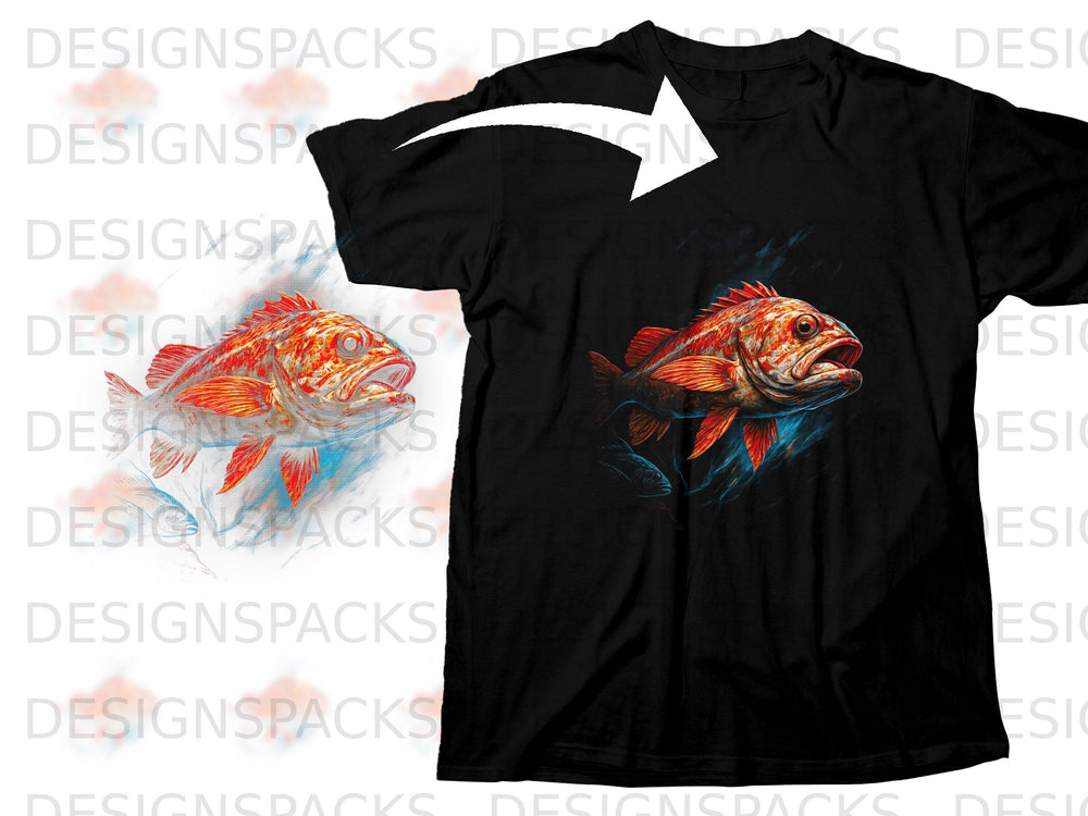 Black t-shirt with a red and orange fish graphic and blue accents.