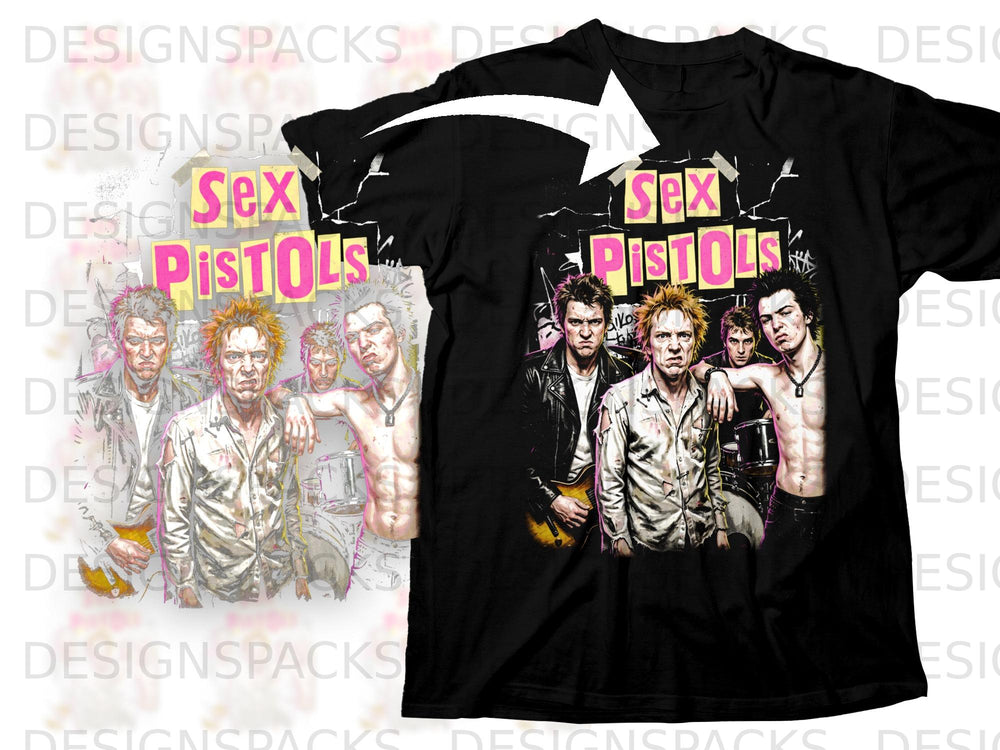 Sex Pistols band members on a black t-shirt with distressed pink text.