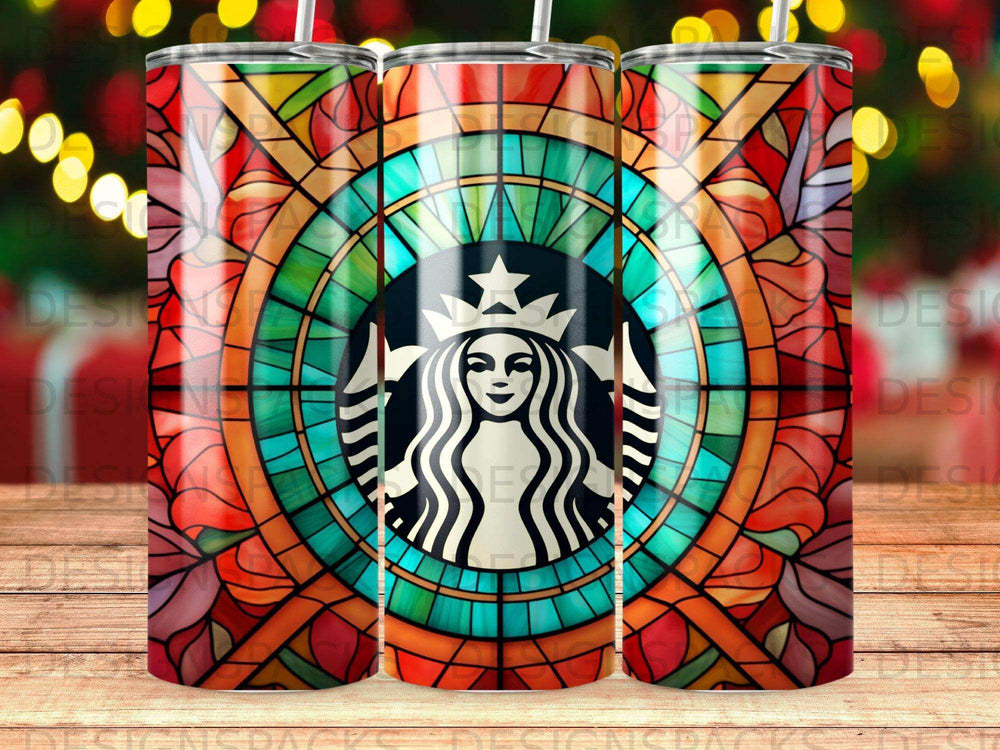 Starbucks logo in a stained-glass pattern on a tumbler.