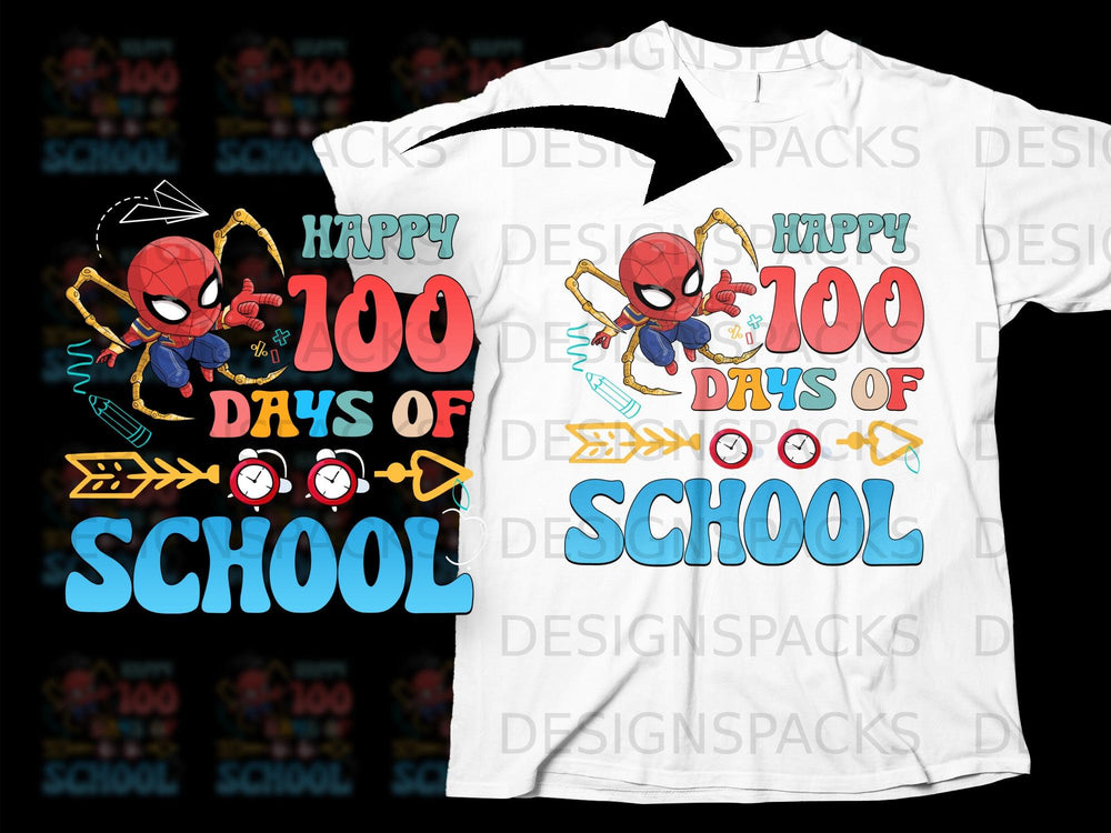 Spider-Man cartoon with text "Happy 100 Days of School" and clocks.