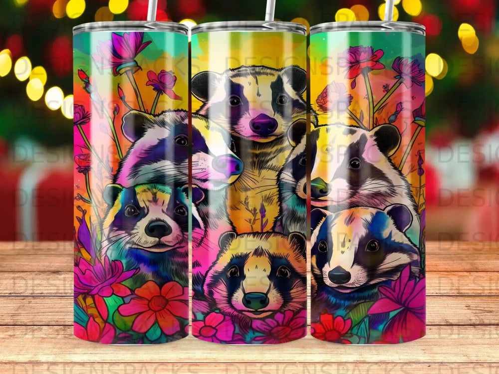 Trio of tumblers with raccoons and colorful flowers design.