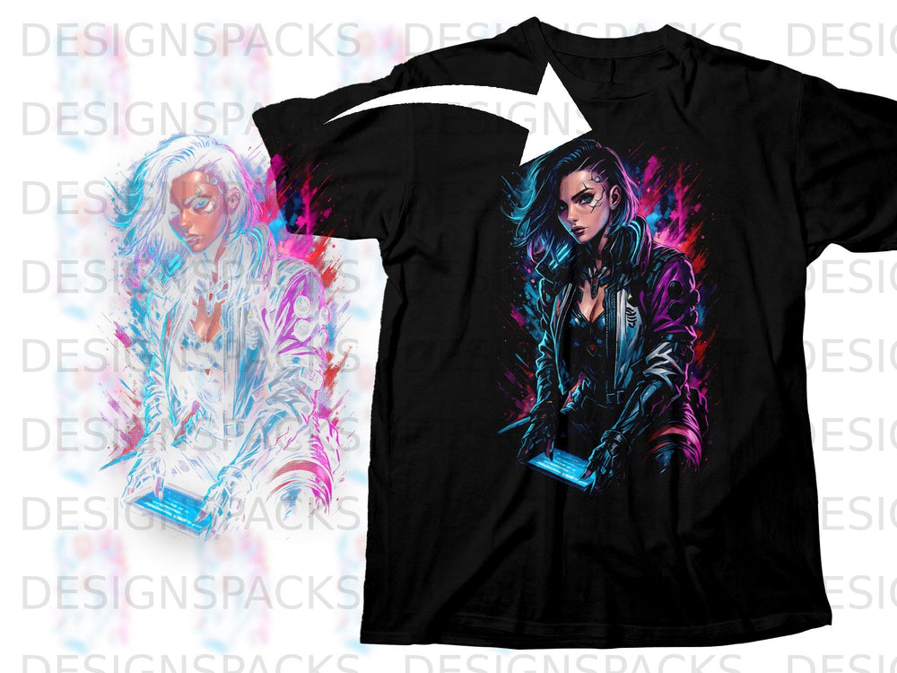 Black t-shirt featuring a cyberpunk woman with glowing blue tablet.