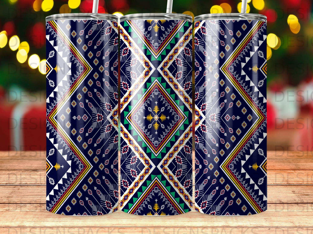 Navy blue tumbler with geometric tribal pattern and white accents.