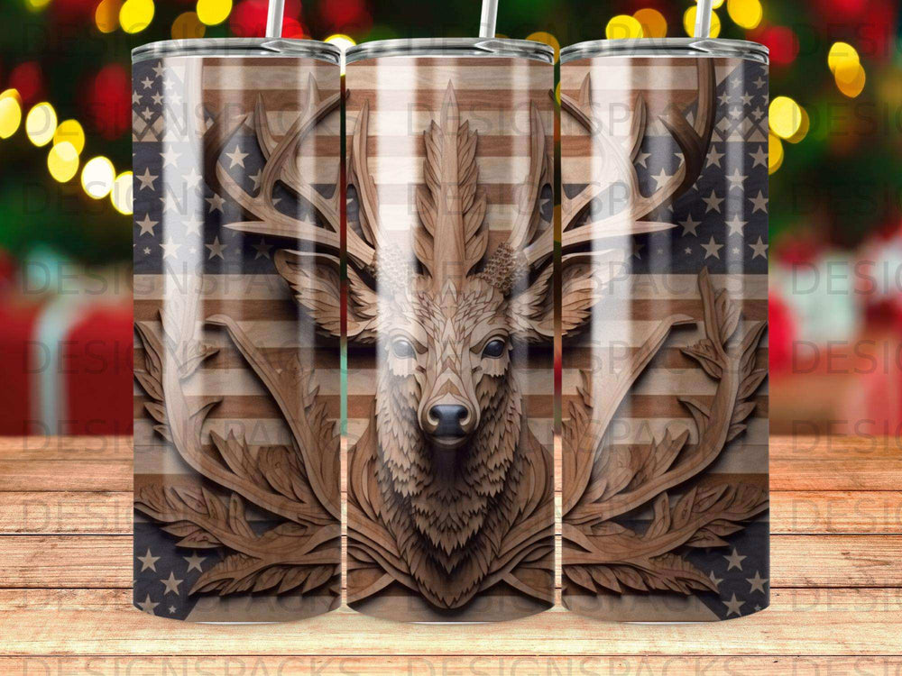 Wooden carved deer head against distressed American flag background on tumbler.