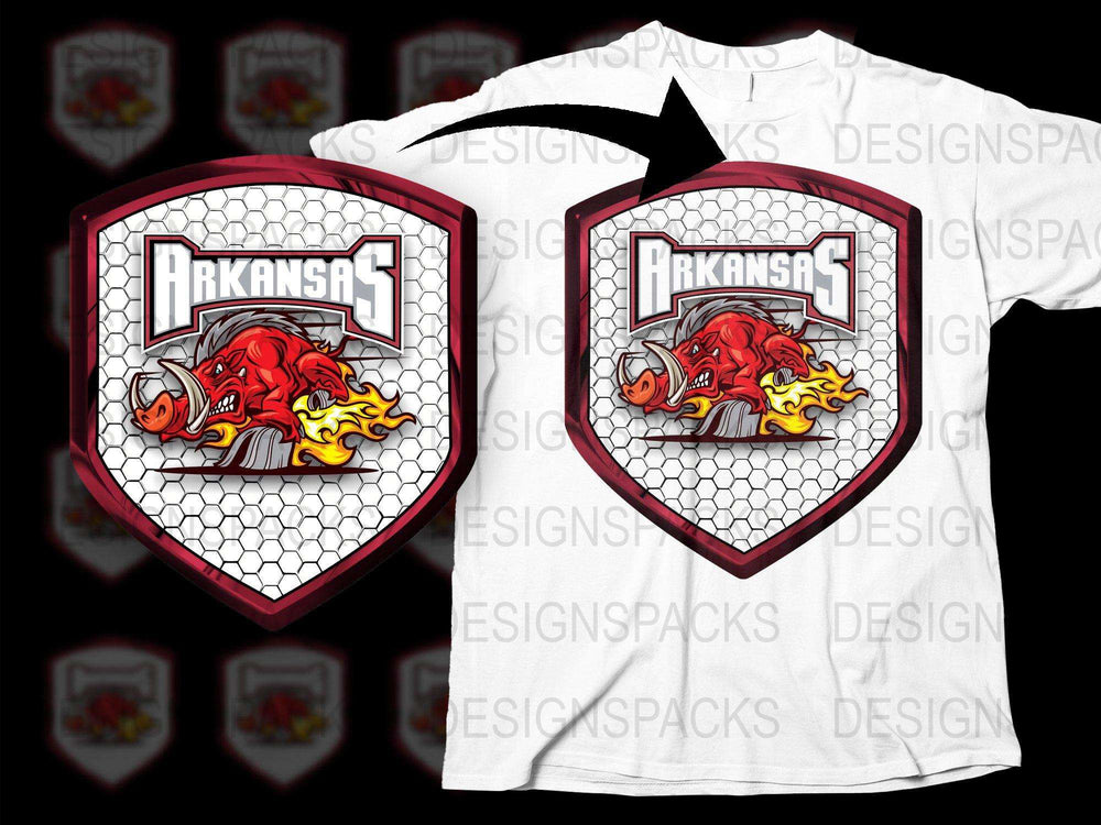 Arkansas Graphic T-Shirt, Red Boar Design, Fire Motif, Sports Fan, College Style Tee