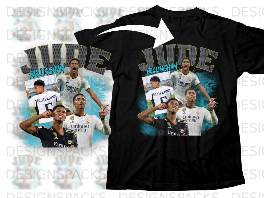 Jude Bellingham t-shirt with a lightning graphic and two athletic poses.