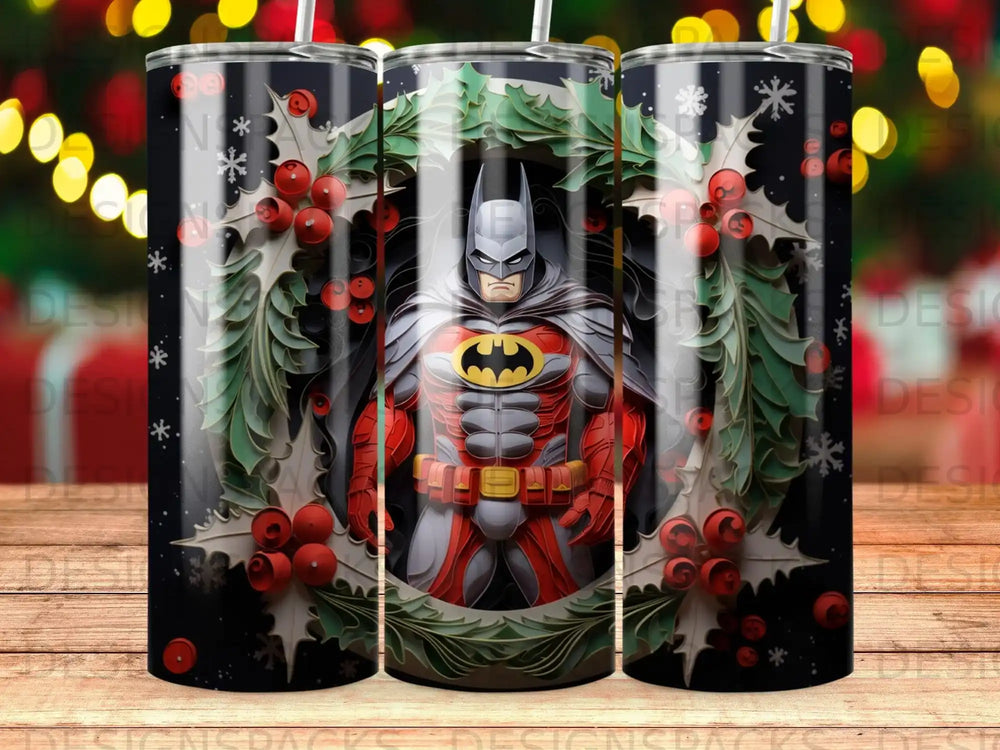 Batman in a festive holly wreath with red berries, black background with bokeh lights.