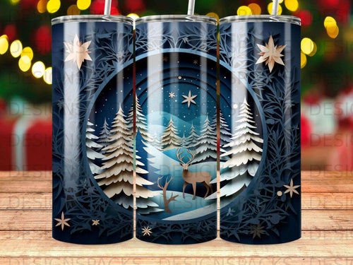Winter forest scene with deer and stars on a blue cylindrical tumbler.