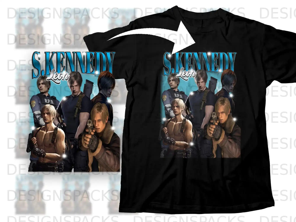 Black t-shirt with a graphic of Leon S. Kennedy from Resident Evil.